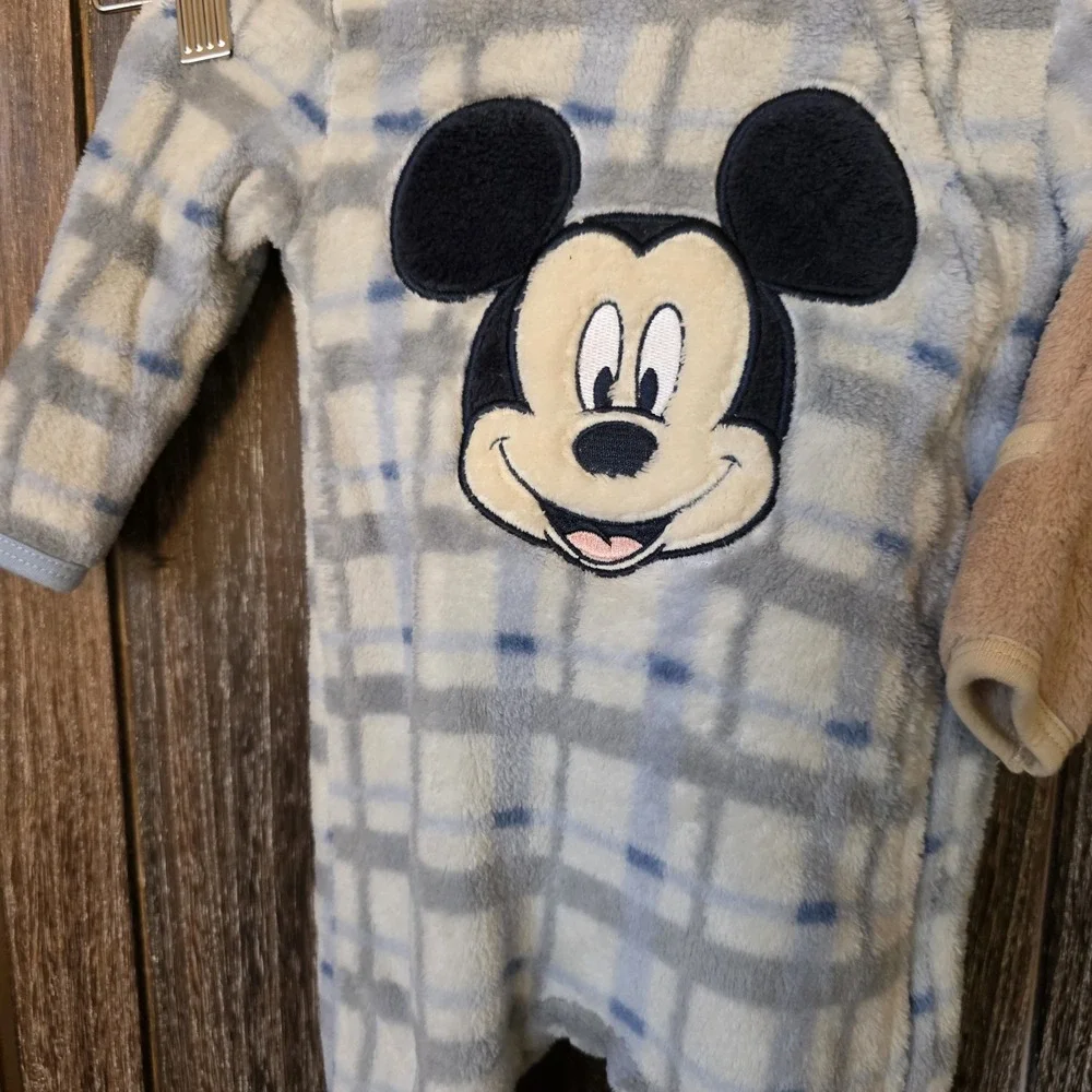 Disney Baby Rompers Size 0/3 Months Tan & Blue Plaid Lot of 2‎ Mickey Mouse